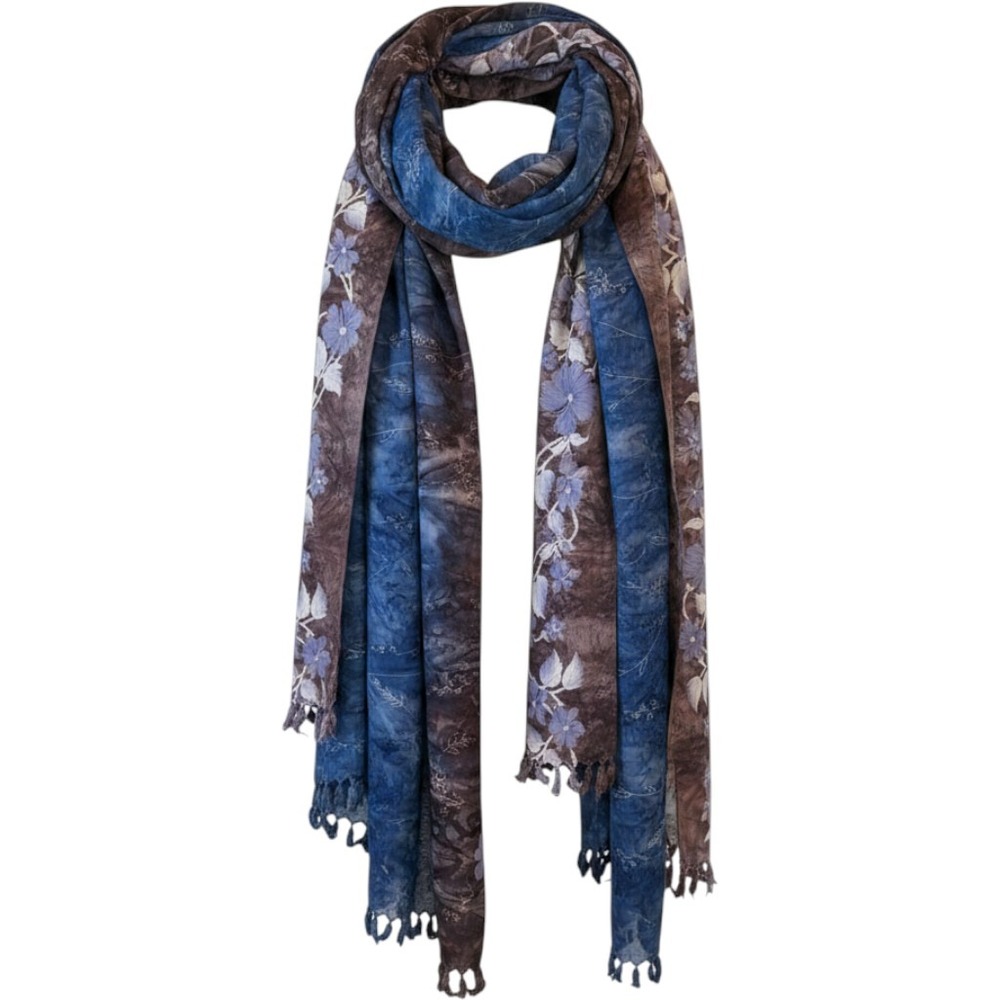 Batik Floral Silky Tassel Fringe Shawl Scarf Blue Brown Tie Dye 60 Inch